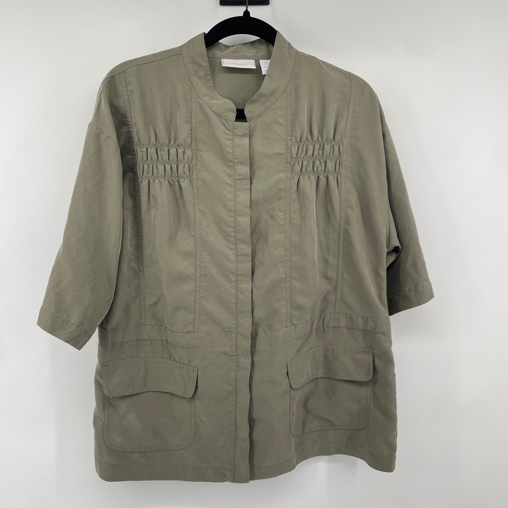 Chico's Utility Jacket Womens 2 Olive Green Smocked Drawstring Safari